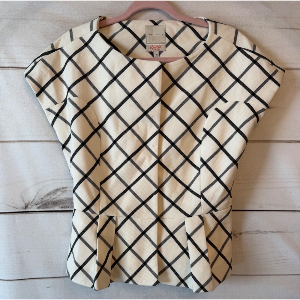 The Limited Scandal Collection Kerry Washington Peplum Top White Black Plaid M